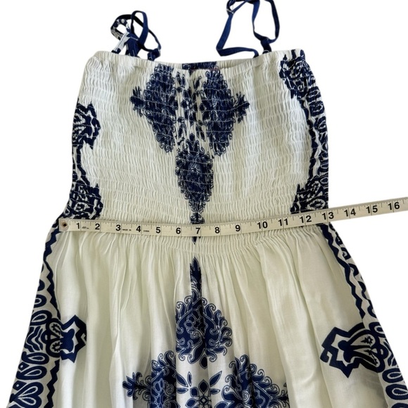 Pink Apple Blue & White Smocked Maxi Dress Boho Strapless Sundress (Fits Small) - Picture 8 of 9